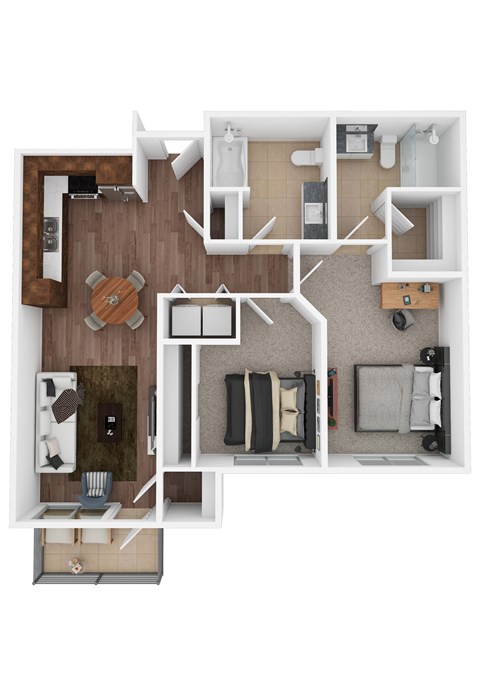 A top down view of a house layout with a living room, kitchen, and bathroom.